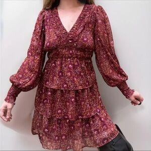 HOUSE of HARLOW Tiered Balloon Sleeve Ruffle floral Berry Mini Dress 6 small